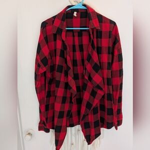 Front Drape Plaid Red And Black Women's Shirt